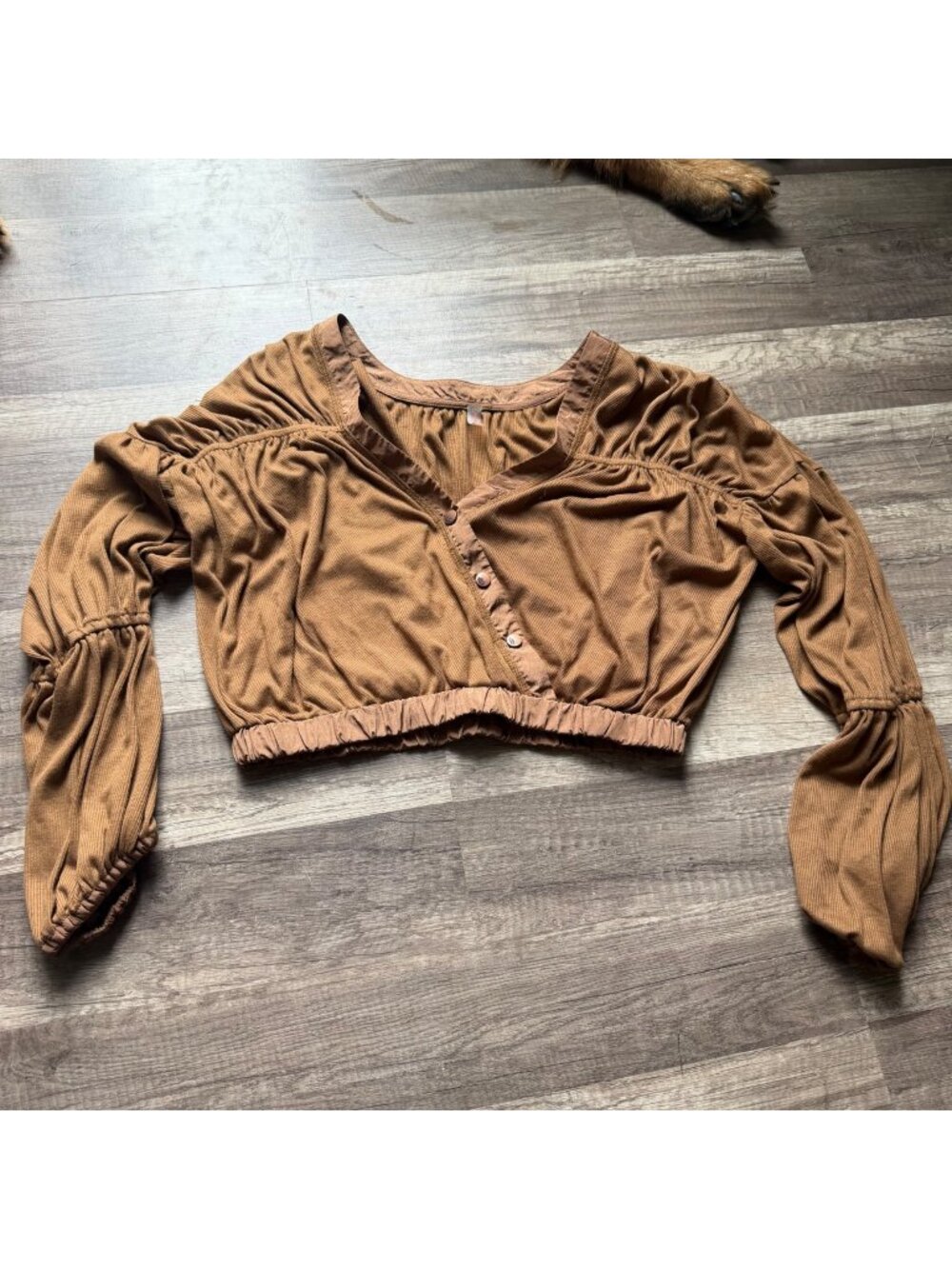 Brown Long-Sleeve Cropped Top By FP Movement With Ruched Sleeves & Button Detail - Picture 1 of 7